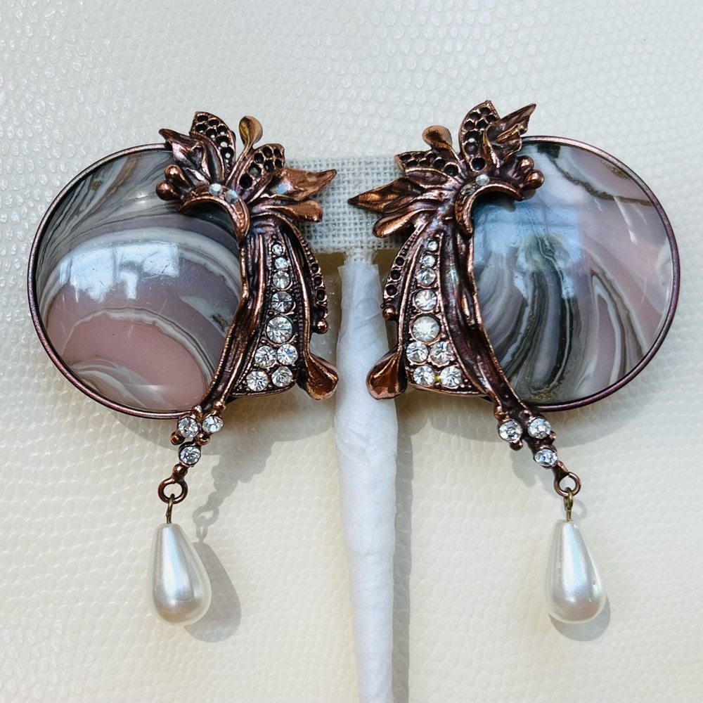 80s Marble Pattern Clip On Earrings with Copper, Crystals and Pearl Drop